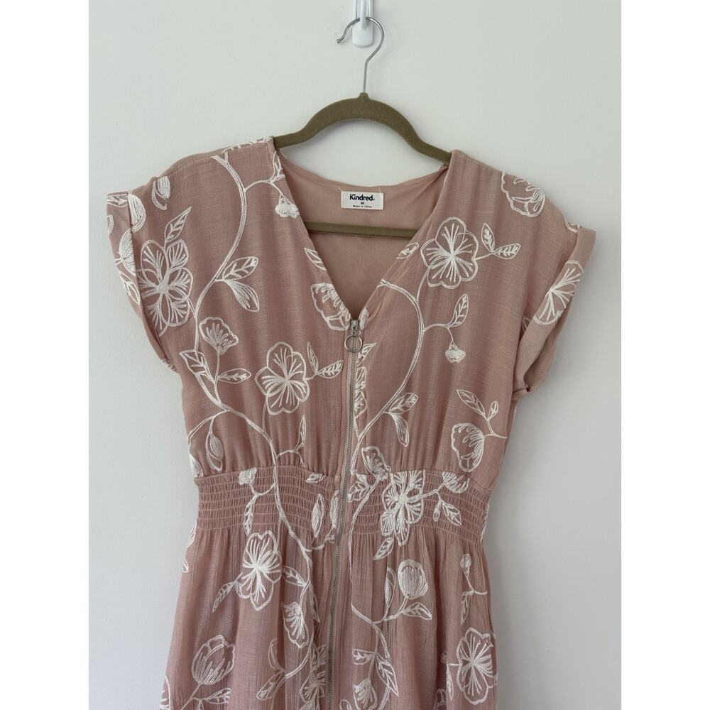Kindred Embroidered Floral Midi Dress M Dusty Rose Zip Front Boho Cottagecore - Picture 4 of 9